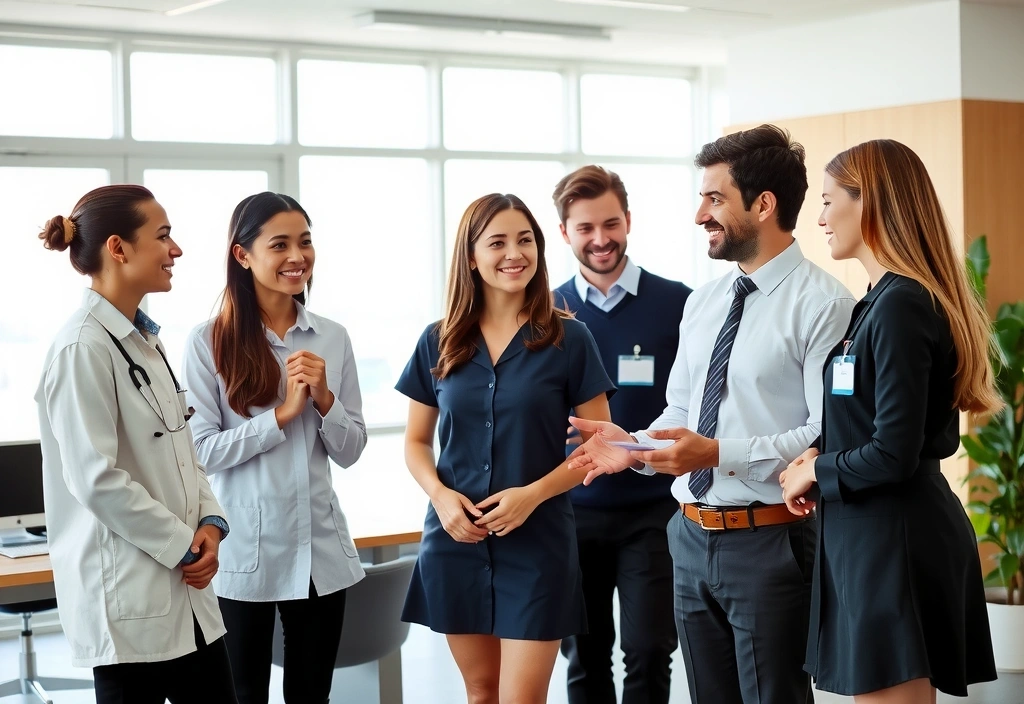 Grup de specialiști Nutriexpertc zâmbitori și interacționând