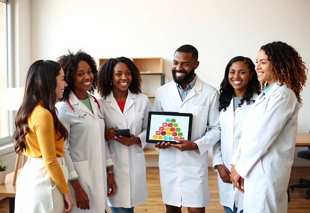 Echipa Nutriexpertc zâmbind și discutând despre nutriție