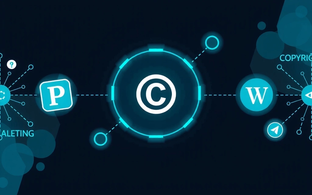 O reprezentare vizuală a drepturilor de proprietate intelectuală, cu simboluri de copyright, brevete și mărci comerciale, înconjurate de elemente digitale și forme abstracte luminoase.